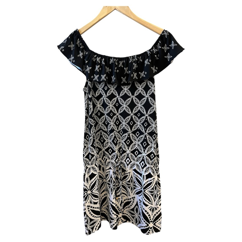 WHITE HOUSE BLACK MARKET dress black white flutter neck drawstring waist XS